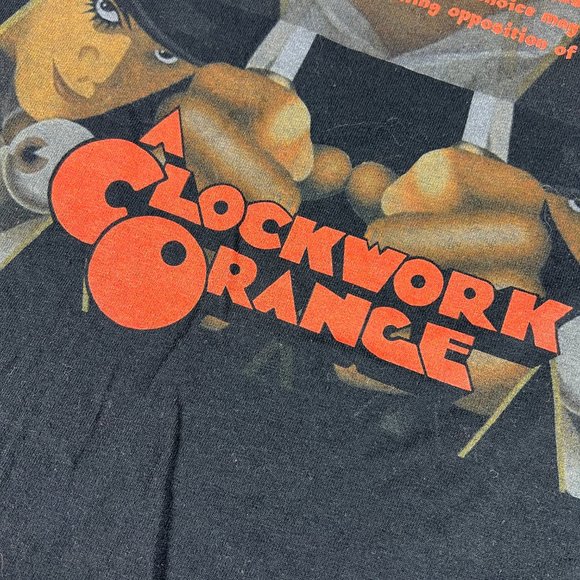Y2K A Clock Work Orange Movie Shirt Adult Small Black Mega Print Short Sleeve - Picture 3 of 12